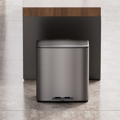 kaufen Fußpedal aus Edelstahl Innenraum Haushaltsküche Recyclingbehälter Mülltonnen Mülltonnen 28*2L 2 Doppelfächer Mülltonnen Online-Herstellung