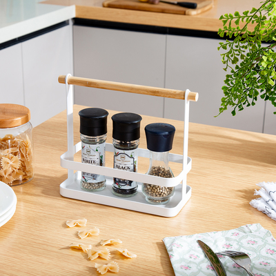 kaufen Küchenorganisator Küche Portable Stahl Tischplatte Gewürzregal Drahtkörbe mit Holzgriff Gewürzorganisator Online-Herstellung